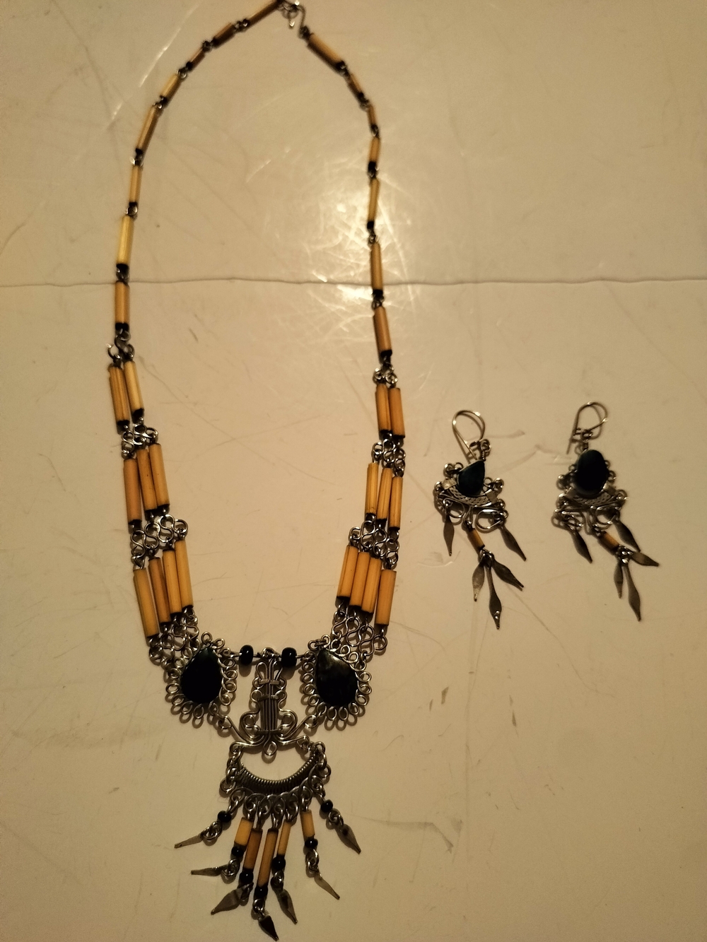 Bohemian Silver-Tone and Beige And Green Beaded Necklace & Earring Set
